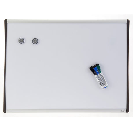 Quartet Arc Whiteboard 460x610mm with magnetic dry erase surface, aluminum frame, includes markers, magnets, and mounting kit.