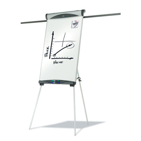 Quartet Euro Magnetic Easel with smooth whiteboard, flipchart holder, adjustable height, and portable design for presentations.