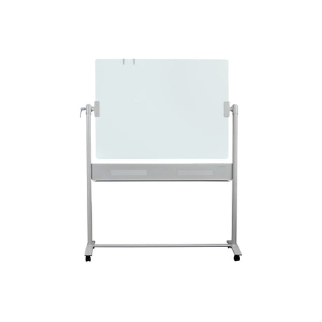 Sleek double-sided mobile glass board (1200x900mm) with frameless design and silver legs, ideal for modern presentations.