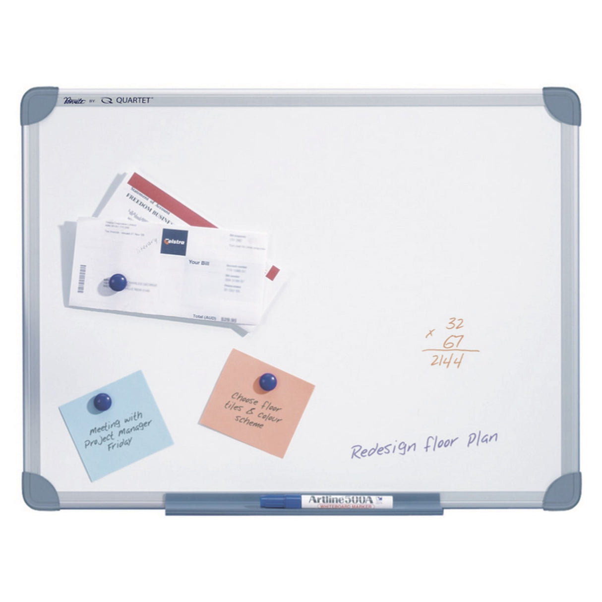 Sleek 450x600mm magnetic whiteboard with aluminium frame for efficient brainstorming and communication in any workspace.