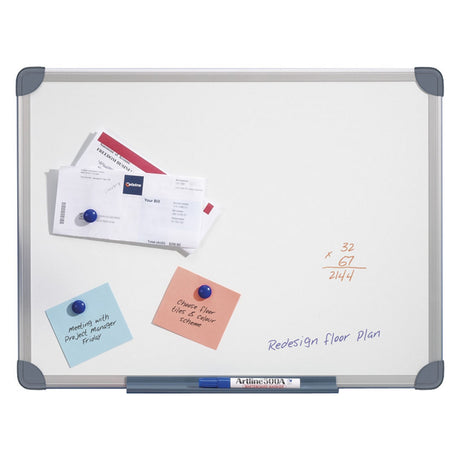 Sleek 900x600mm magnetic whiteboard with aluminum frame, perfect for writing and displaying notes in home or office settings.