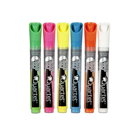 Assorted pack of 6 vibrant Quartet LED markers for bold, clean writing on dry erase, LED, and glass surfaces.