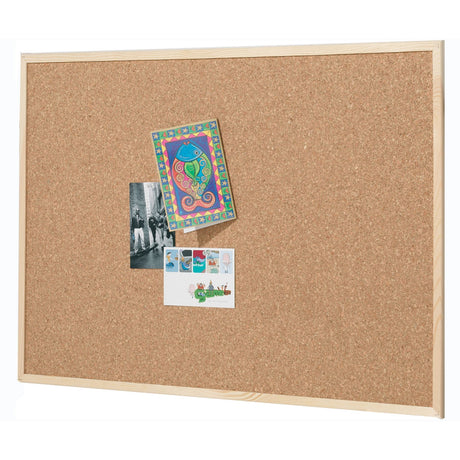 Stylish Quartet Pine Frame Cork Board with natural finish, perfect for organizing notes in any space, includes mounting hooks.