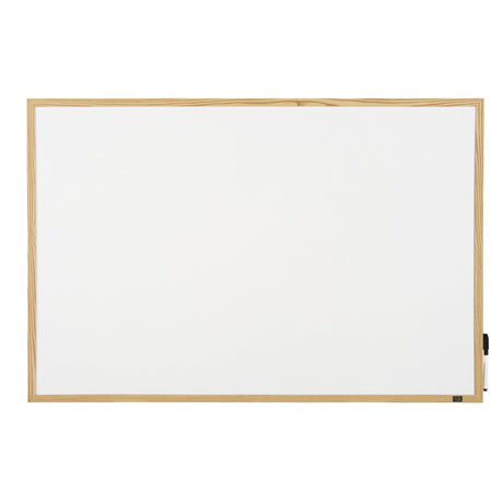 Natural pine-framed whiteboard, 900x600mm, with durable dry erase surface for easy writing and cleaning in any workspace.