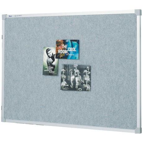 Large silver fabric pinboard (1800x1200mm) with durable surface and aluminium frame for office or school use.