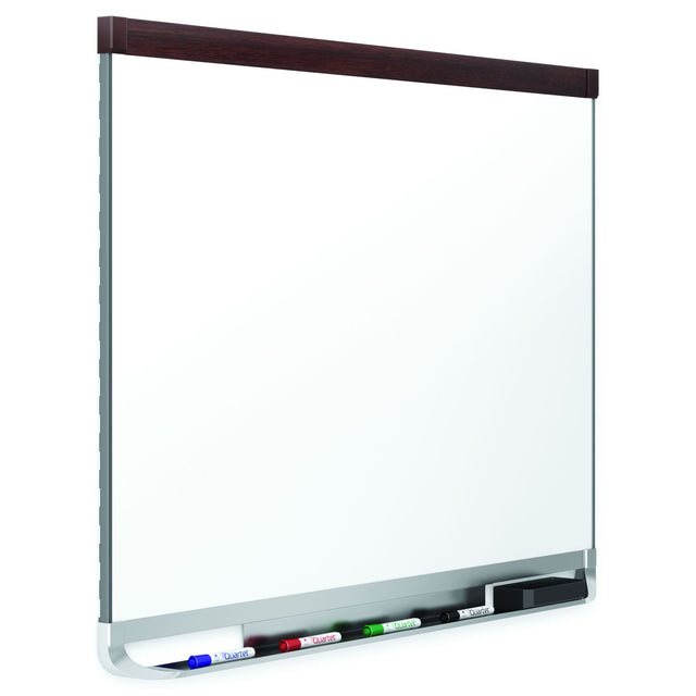 Elegant Quartet Prestige 2 porcelain whiteboard in mahogany, 895x635mm, with magnetic surface and integrated pen tray for professional use.