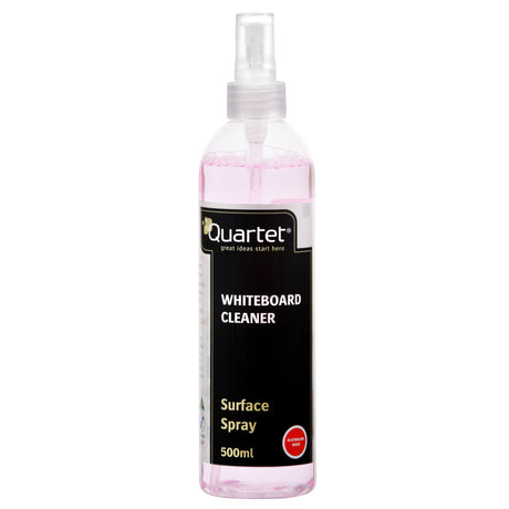 Quartet Whiteboard Cleaner 500ml bottle designed to effectively remove ink stains and ghosting for clear writing surfaces.