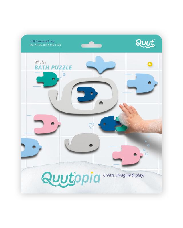 Colorful whale-shaped bath puzzle by Quut, designed for kids to enhance playtime and develop motor skills during bath time.