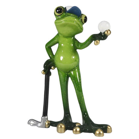 Whimsical 15x10x5 cm frog golfer figurine, perfect for golf enthusiasts and playful home decor.