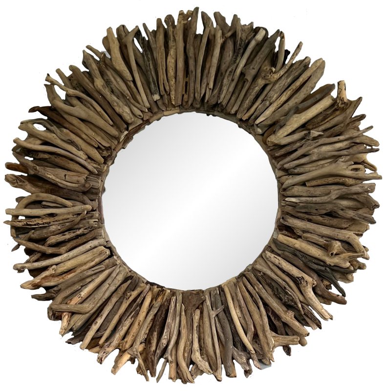 Driftwood sunburst mirror (100cm) featuring unique textures, perfect for adding bohemian charm to any space.