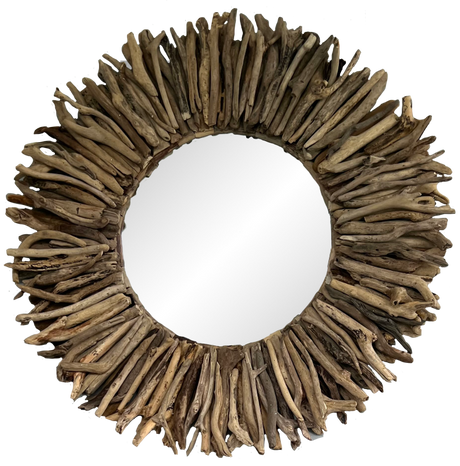 Driftwood sunburst mirror (100cm) featuring unique textures, perfect for adding bohemian charm to any space.