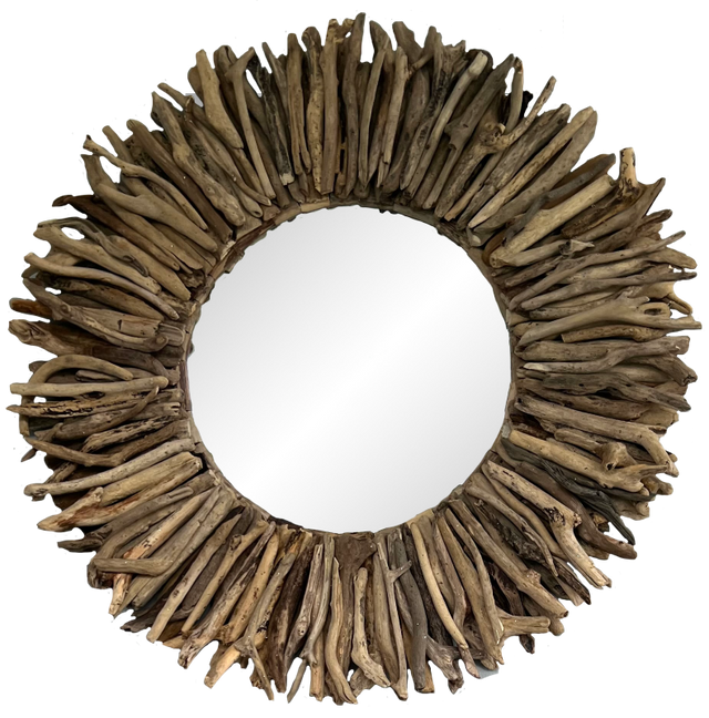 Driftwood sunburst mirror (100cm) featuring unique textures, perfect for adding bohemian charm to any space.