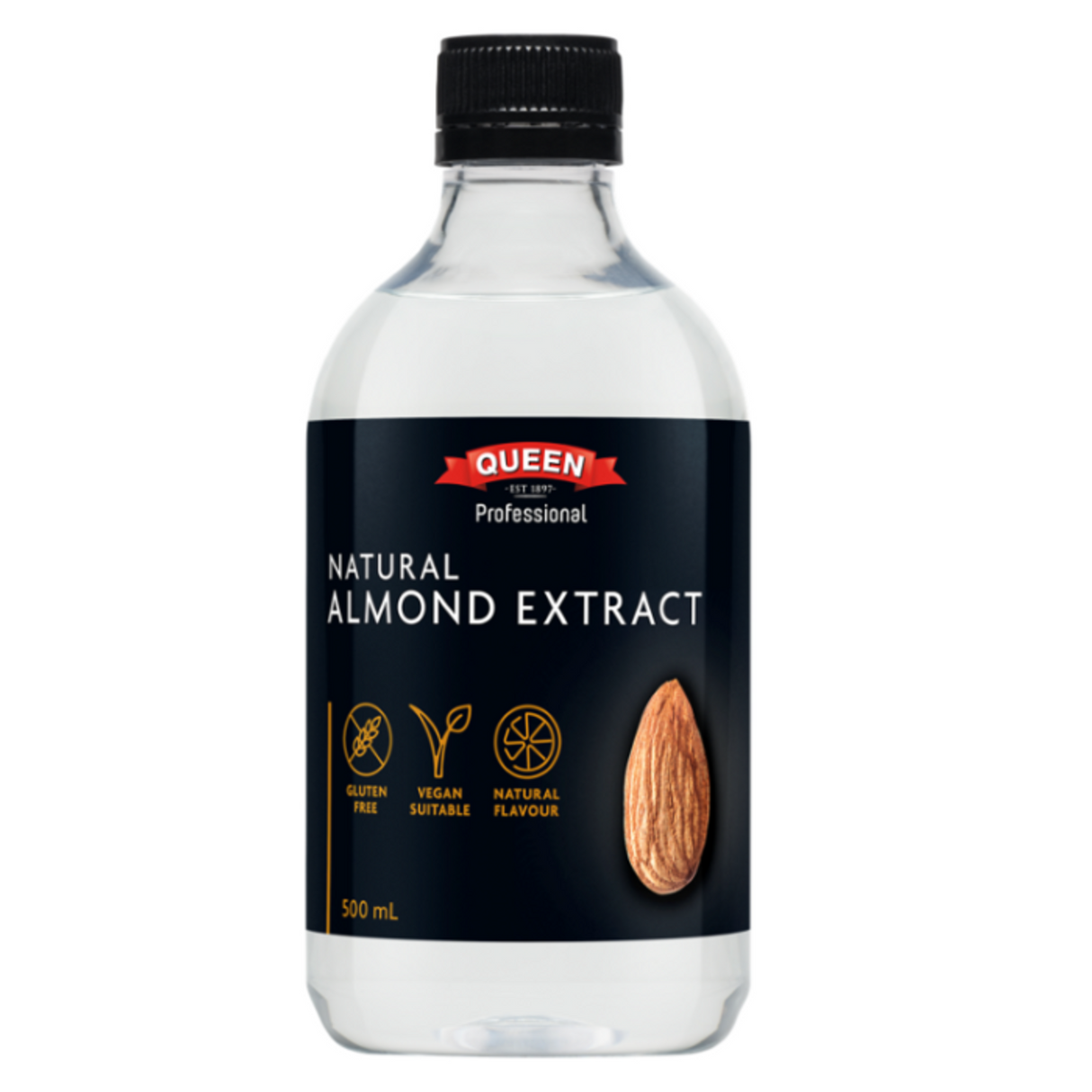 Clear 500ML bottle of Queen's Extract Natural Almond, ideal for enhancing baking with rich almond flavor.