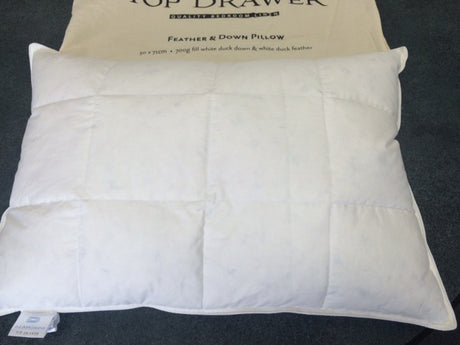 Top Drawer Feather Down Pillow: Luxurious 80/20 feather-down blend for ultimate comfort and support. 100% cotton outer, Oeko-Tex certified.