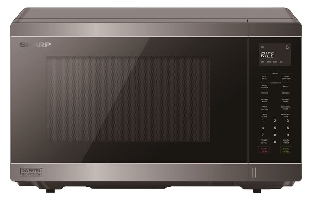 Sharp 1200W Midsize Inverter Microwave in Silver, featuring 34L capacity, inverter technology, and 11 power levels.