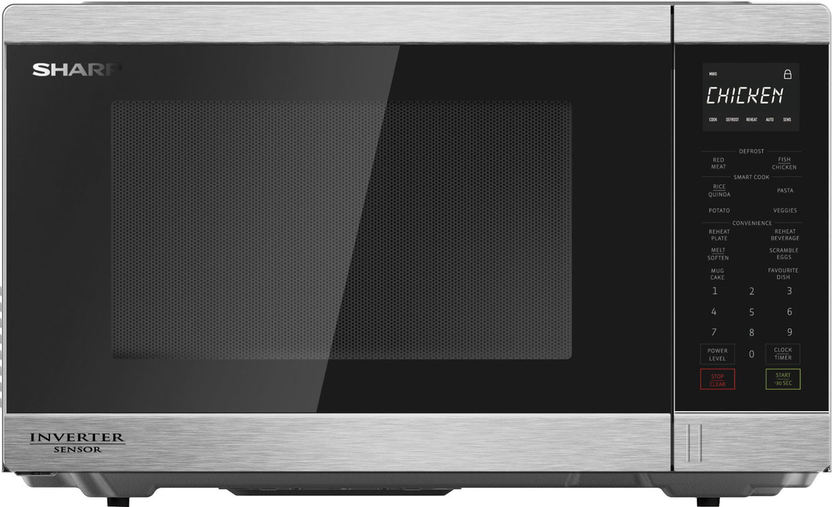 Sharp 1200W midsize inverter microwave in stainless steel, 34L capacity, with smart sensor and 11 power levels.