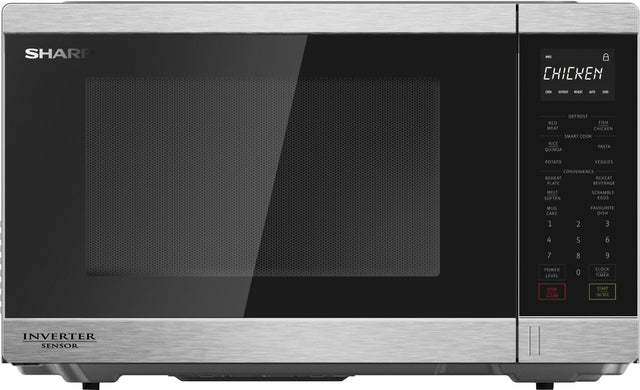 Sharp 1200W midsize inverter microwave in stainless steel, 34L capacity, with smart sensor and 11 power levels.