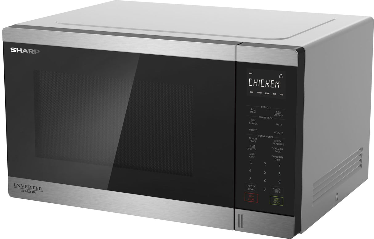 Sharp 1200W Inverter Microwave in stainless steel, 34L capacity, smart sensor, 11 power levels, with child lock for kitchen safety.