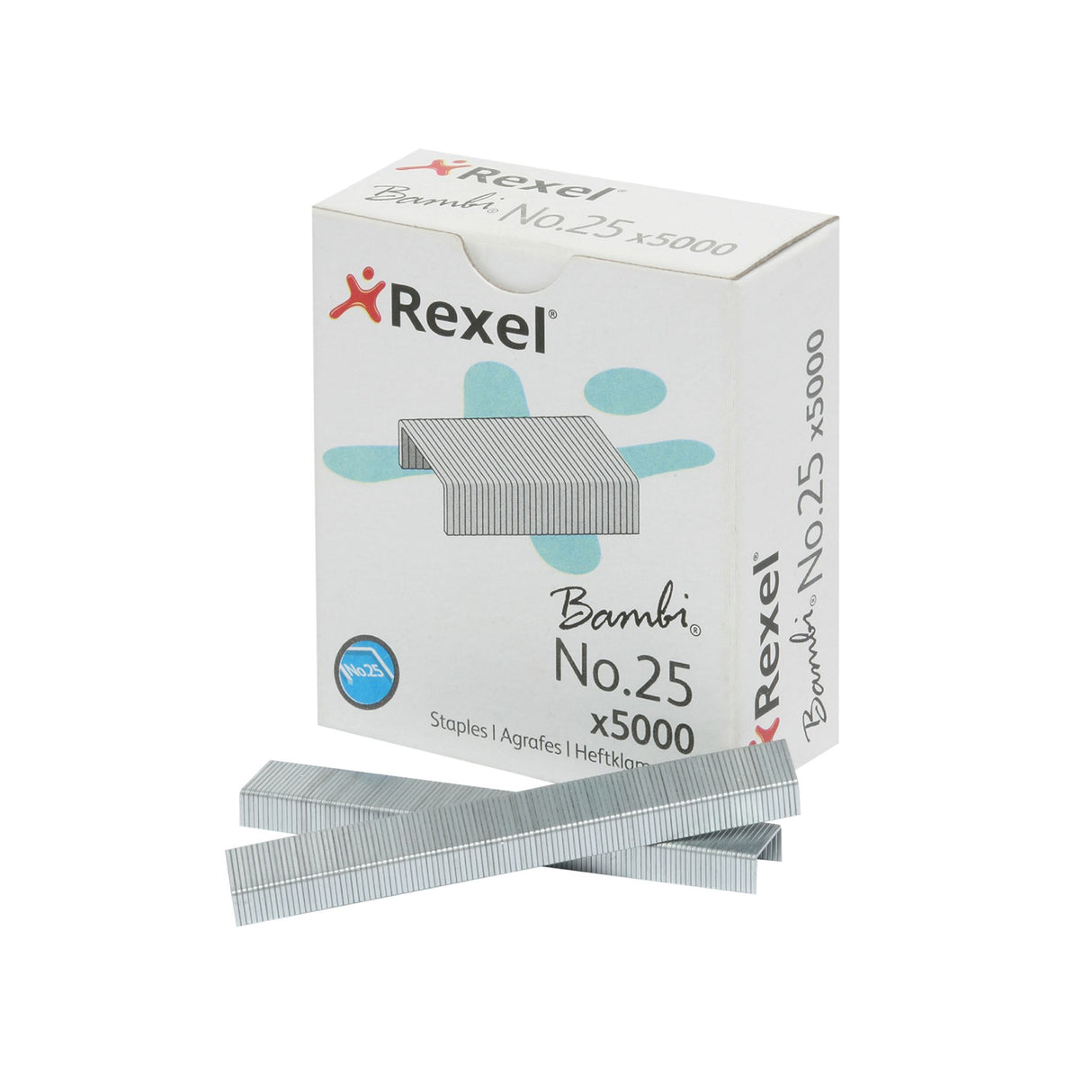 Rexel Bambi Staples No 25 Box of 5000, durable steel staples for reliable, trouble-free stapling in home or office use.