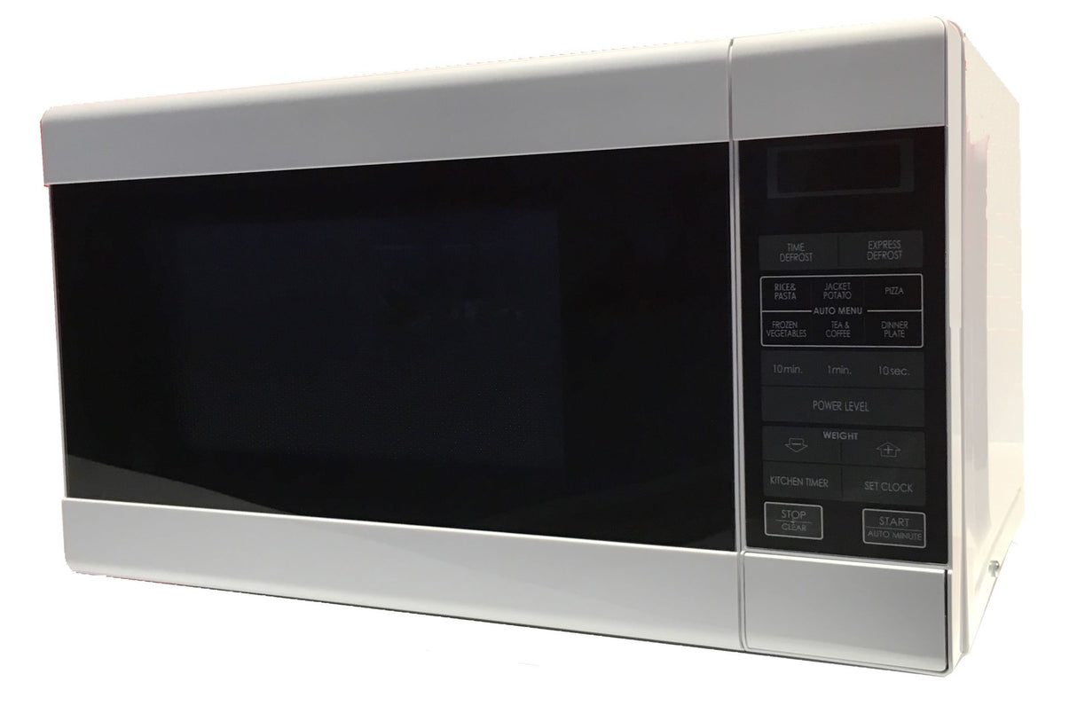 Compact Sharp microwave in white, 750W, 20L capacity with 11 power levels, 8 auto cook menus, and child lock feature.