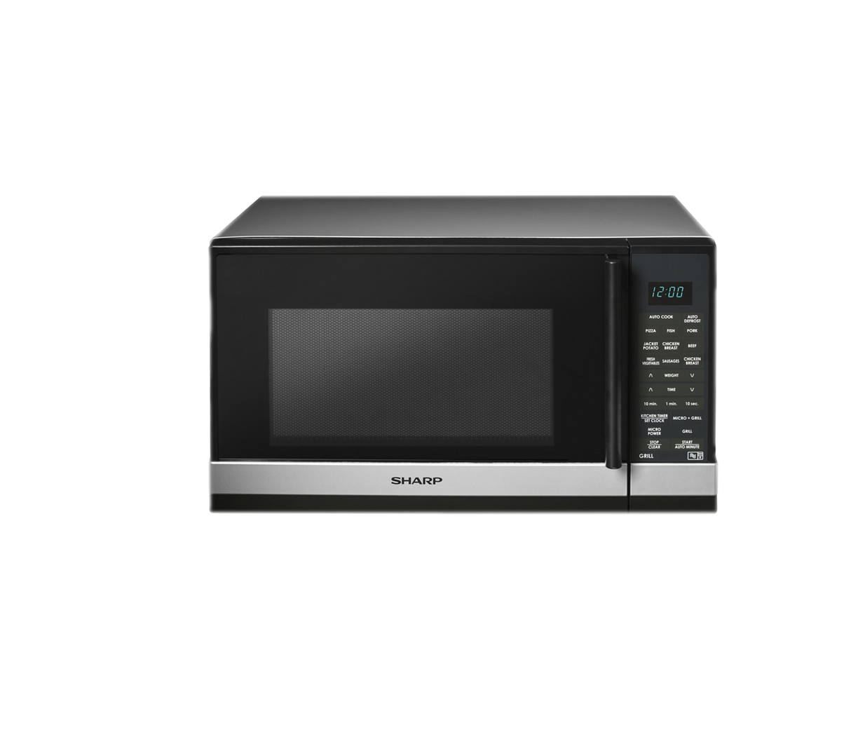 Compact silver microwave with 800W power, 20L capacity, 11 levels, 9 auto cook menus, turntable, and child lock.