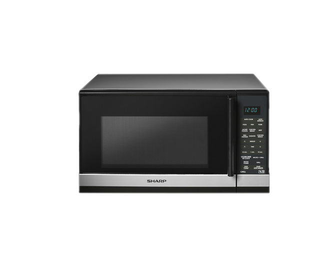 Compact silver microwave with 800W power, 20L capacity, 11 levels, 9 auto cook menus, turntable, and child lock.