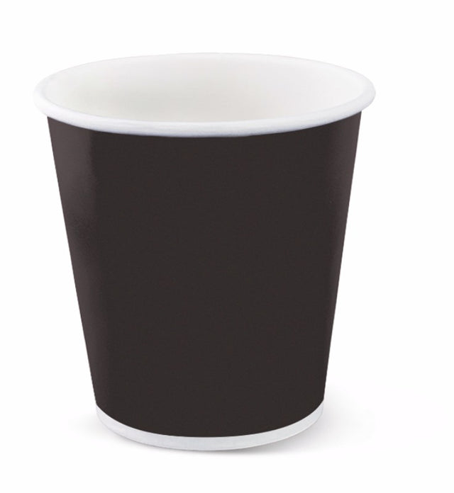 Black 8oz single wall hot cups in a pack of 25, perfect for serving hot and cold beverages at cafes and events.