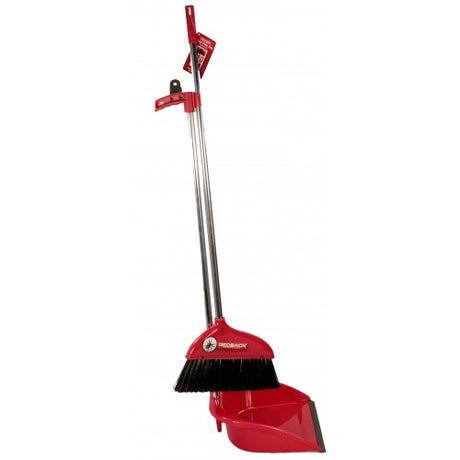 Upright dustpan and broom set with 78cm handle for effortless, back-friendly cleaning; soft bristles for effective dust collection.