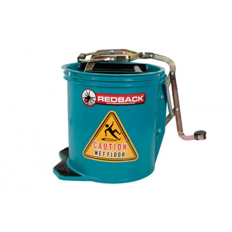 Heavy-duty green 15-litre wringer bucket with foot pedal and non-slip step, perfect for efficient professional cleaning.