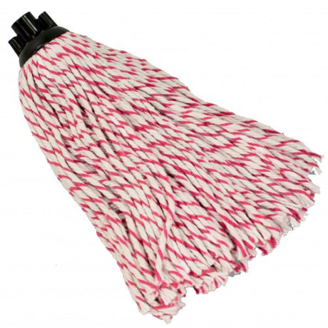 White and red striped mop refill, 200g, made of durable cotton for superior absorbency, compatible with roller and wringer mop buckets.