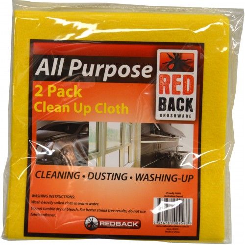 All-purpose REDBACK clean up cloths, reusable and washable, ideal for cleaning tasks; pack of 2, each 38 x 38cm.