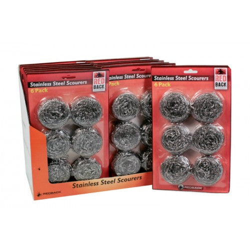 Set of 6 durable stainless steel scourers, perfect for tough kitchen cleaning without scratching surfaces.