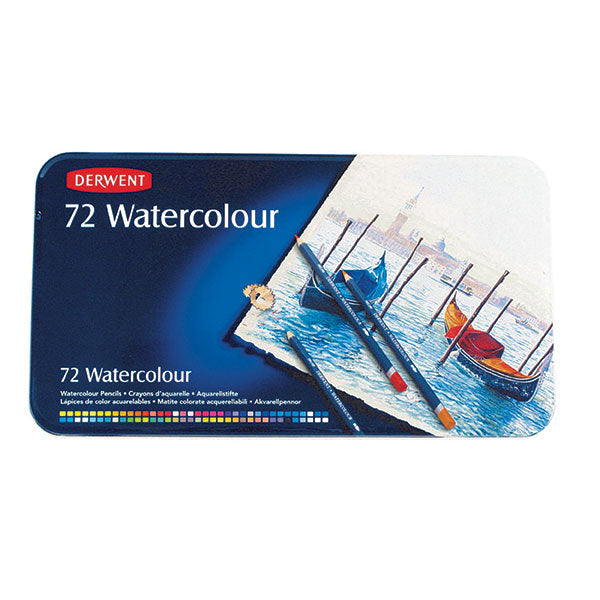 Derwent Watercolour Pencils in 72 Tin, featuring hexagonal barrels for control, soft water-soluble cores, and vibrant colors.