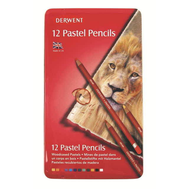 Derwent Pastel Pencils Tin 12 featuring 12 soft, water-soluble pastels in a stylish cedar wood barrel for artists.