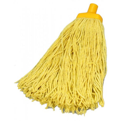 Yellow commercial cotton mop head (400g) designed for heavy-duty use, featuring durability and industry color coding for hygiene.