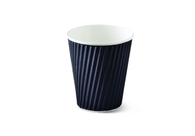 Black ripple cups, 12oz size, pack of 40, designed for hot beverages with insulated corrugated design for comfort.