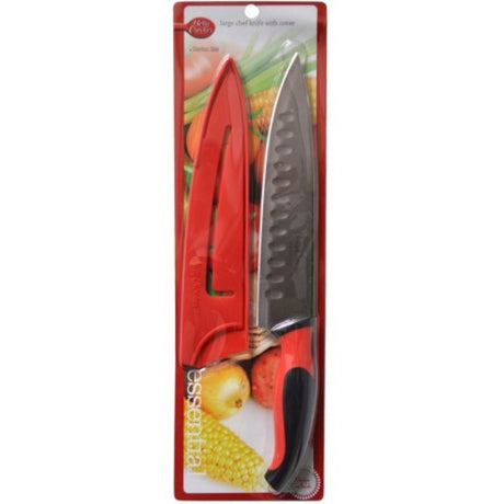 32cm stainless steel chef's knife by Betty Crocker with ergonomic handle and protective cover for safe storage.