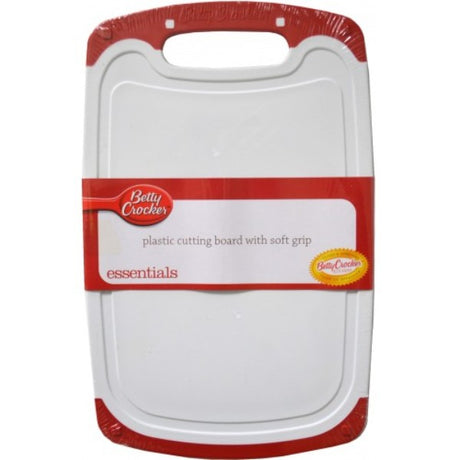 Betty Crocker 30x20cm plastic cutting board with soft grip, spill groove, and vibrant design for effortless meal prep.