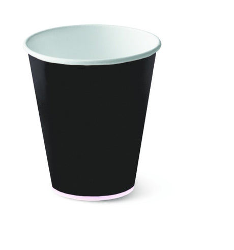 Black disposable 12oz hot cups, 50-pack, ideal for coffee and tea, featuring smooth sides and versatile for hot or cold drinks.