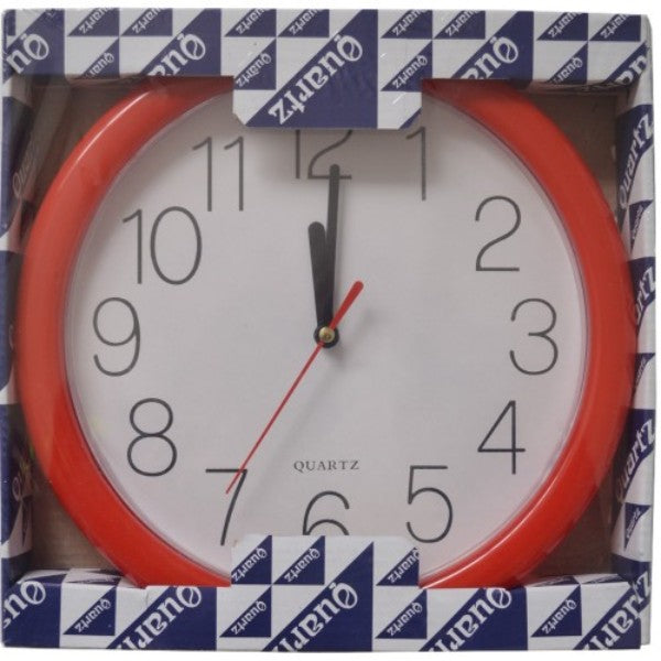 Vibrant 25cm plastic wall clock in assorted colours, featuring large numbers for easy reading, perfect for any decor.