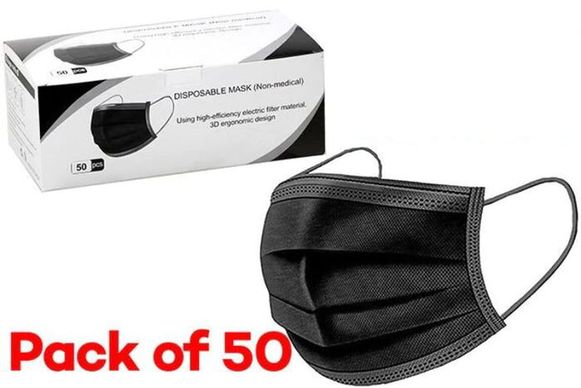 3 Layer Disposable Black Face Masks pack of 50, featuring soft, breathable fabric and a triple-layer filtration system.