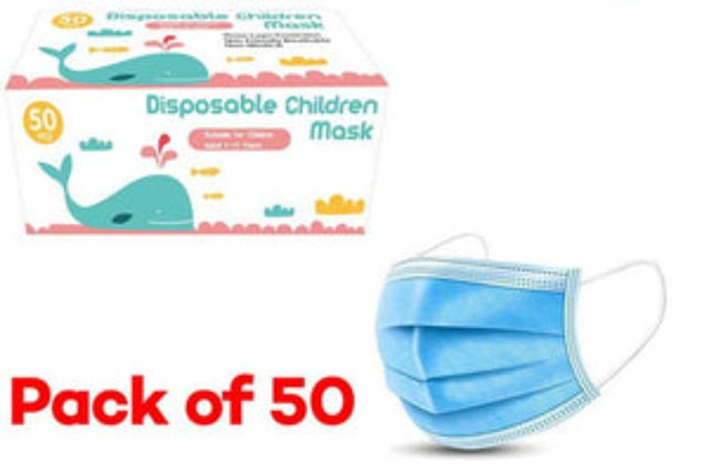 Kids' blue 3-layer disposable face masks, pack of 50, designed for comfort and protection during daily activities.