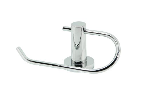 Elegant chrome-plated Riva Toilet Roll Holder made of zinc and brass, designed for style and functionality in modern bathrooms.