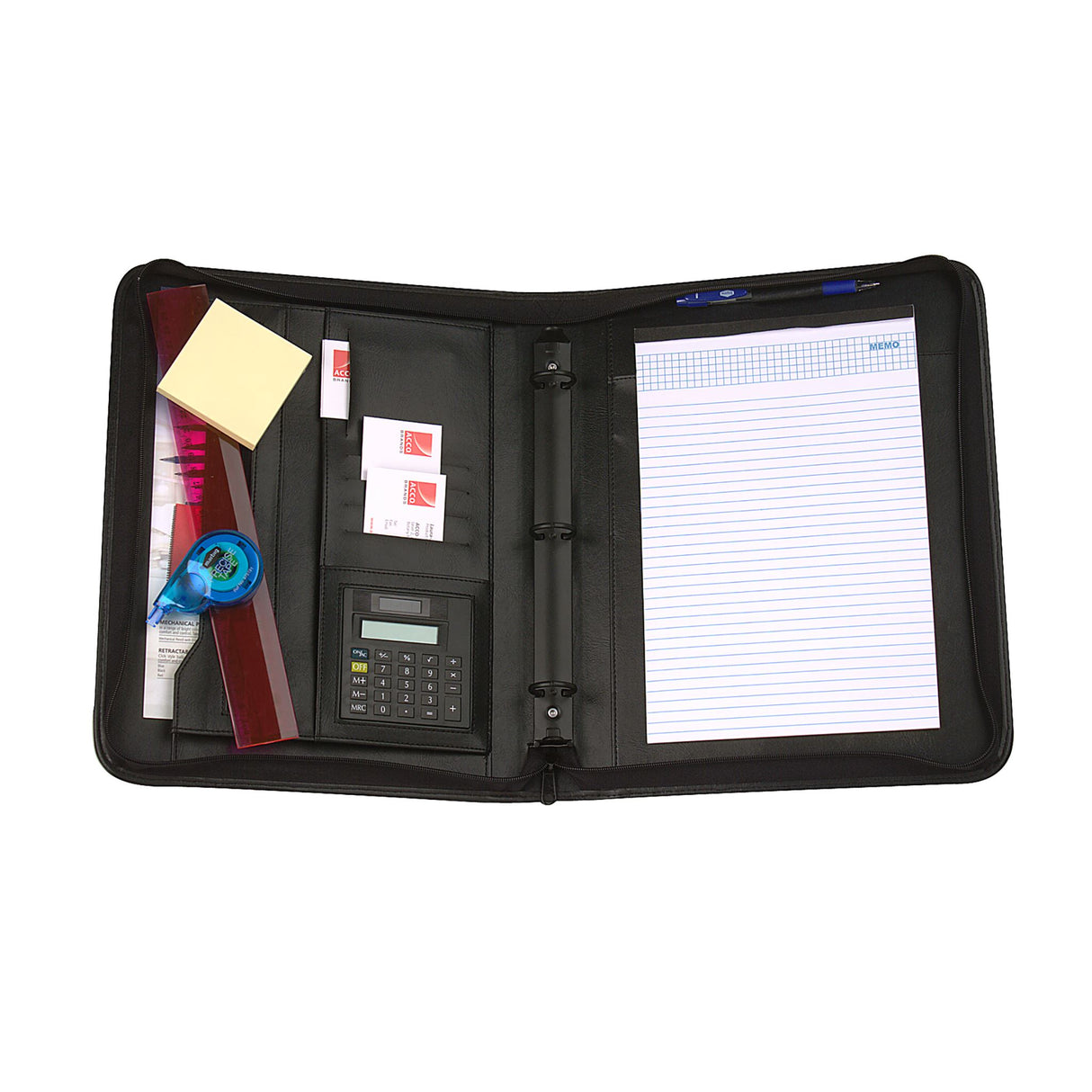 Marbig Compendium Drop Handle with Attache, featuring rounded corners, retractable handles, and multiple storage options for documents.