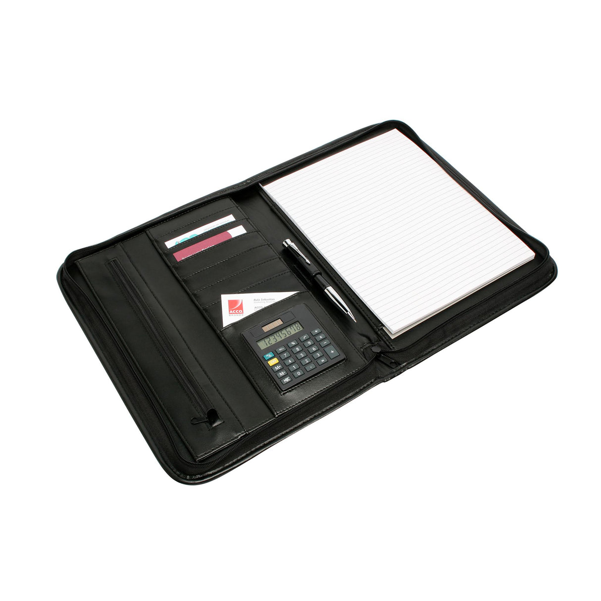 Sleek black Rexel Compendium Zip Pad Holder with secure zip, storage pockets, and included 30-page notebook for professionals.