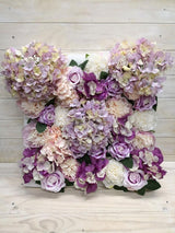 Mauve flower wall panel, 50cm x 50cm, ideal for elegant home decor and events, showcasing realistic artificial blooms.