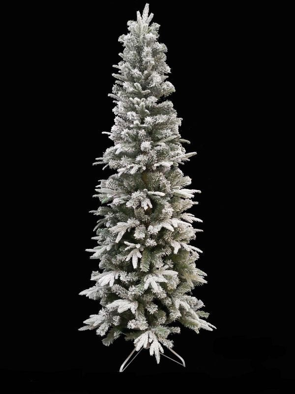 Slim 2.1m Xmas tree with snow effect, ideal for tight spaces, durable materials, perfect for festive home decor.