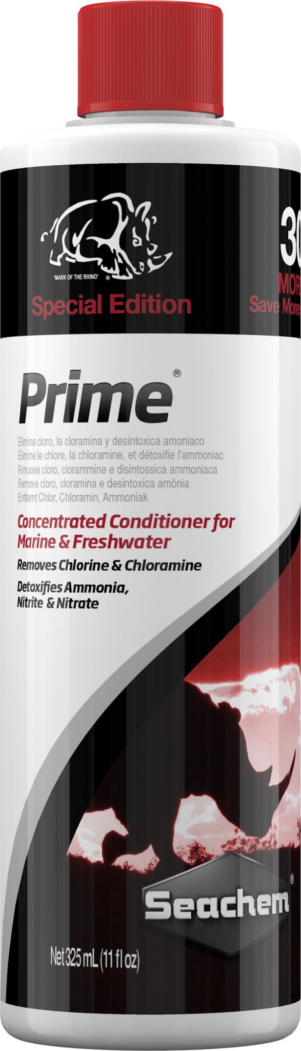 Seachem Prime Bonus 325mL, a powerful water conditioner for freshwater and saltwater, detoxifying harmful substances for healthier aquariums.