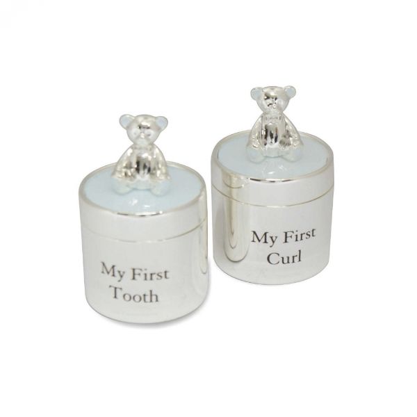 Elegant blue silver plate box for preserving child's first curl and tooth, perfect as a keepsake and nursery decor.