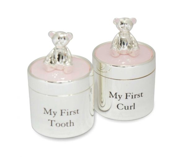 Silver plate tooth and curl box in pink, 4.8CM, perfect for preserving baby's first tooth and curl memories.